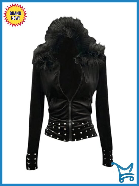 Jackets & Blazers - Goth Faux Fur Zip Up Hoodie with Rivets Long Sleeve Fuzzy Hooded Sweatshirt